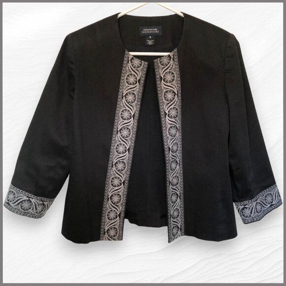 Jones NY Signature elegant black jacket w/ white embroidered trim - Picture 4 of 9